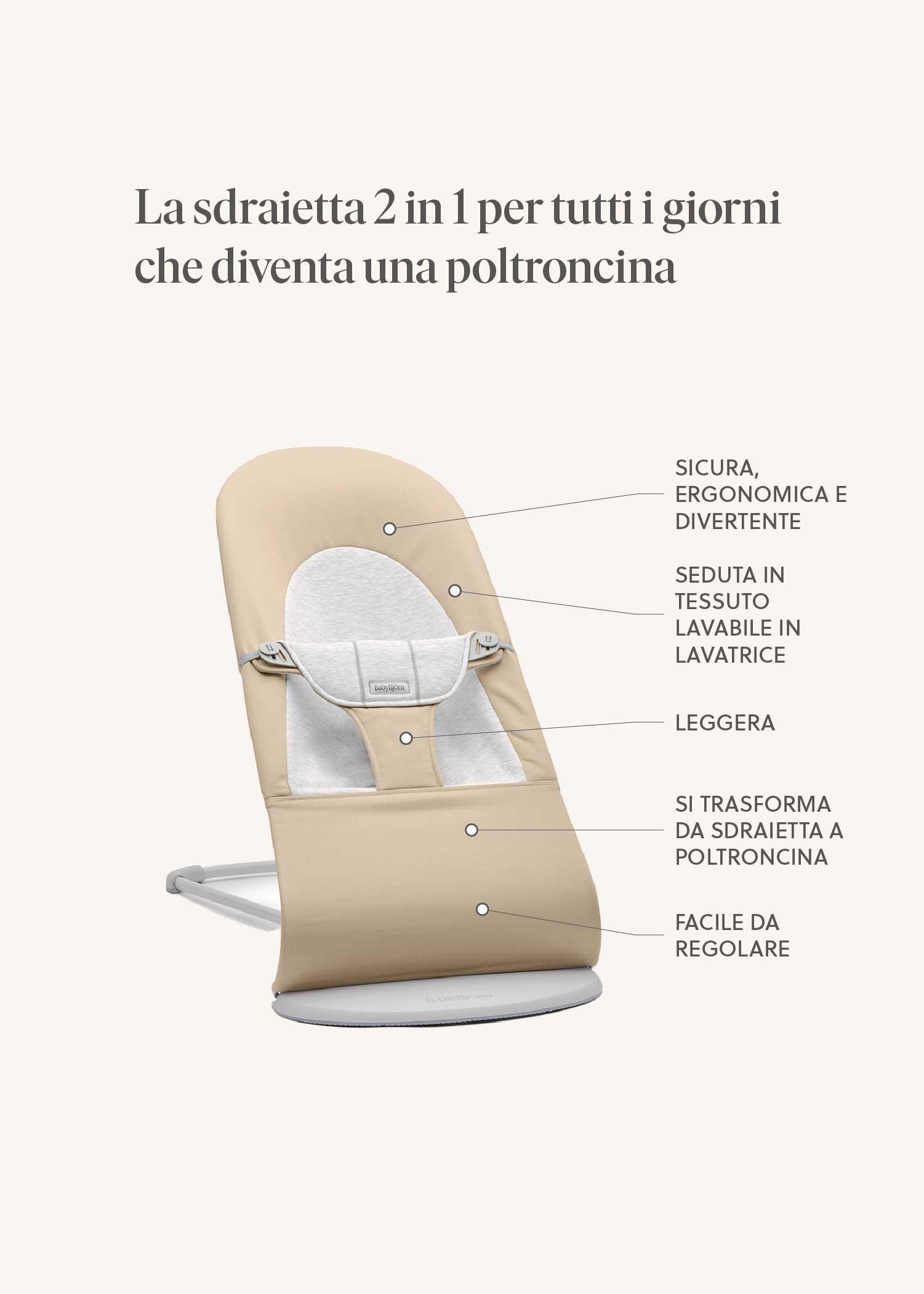 Beige baby bouncer chair with features labeled in Italian, including ergonomic design, washable fabric, lightweight, and adjustable.