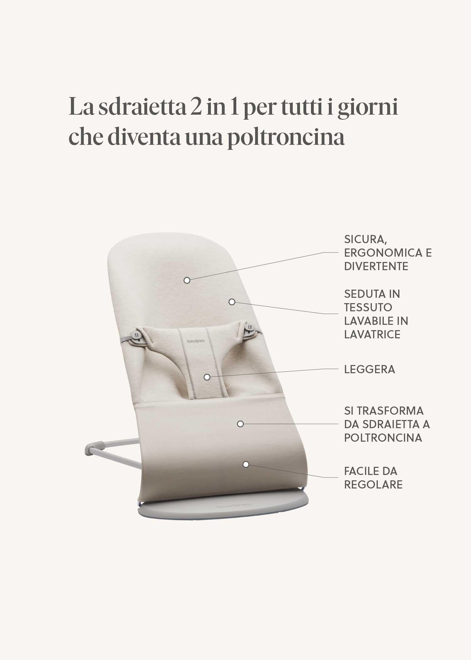 Convertible baby chair in beige, featuring ergonomic design, washable fabric, lightweight, and adjustable settings. Italian text highlights features.