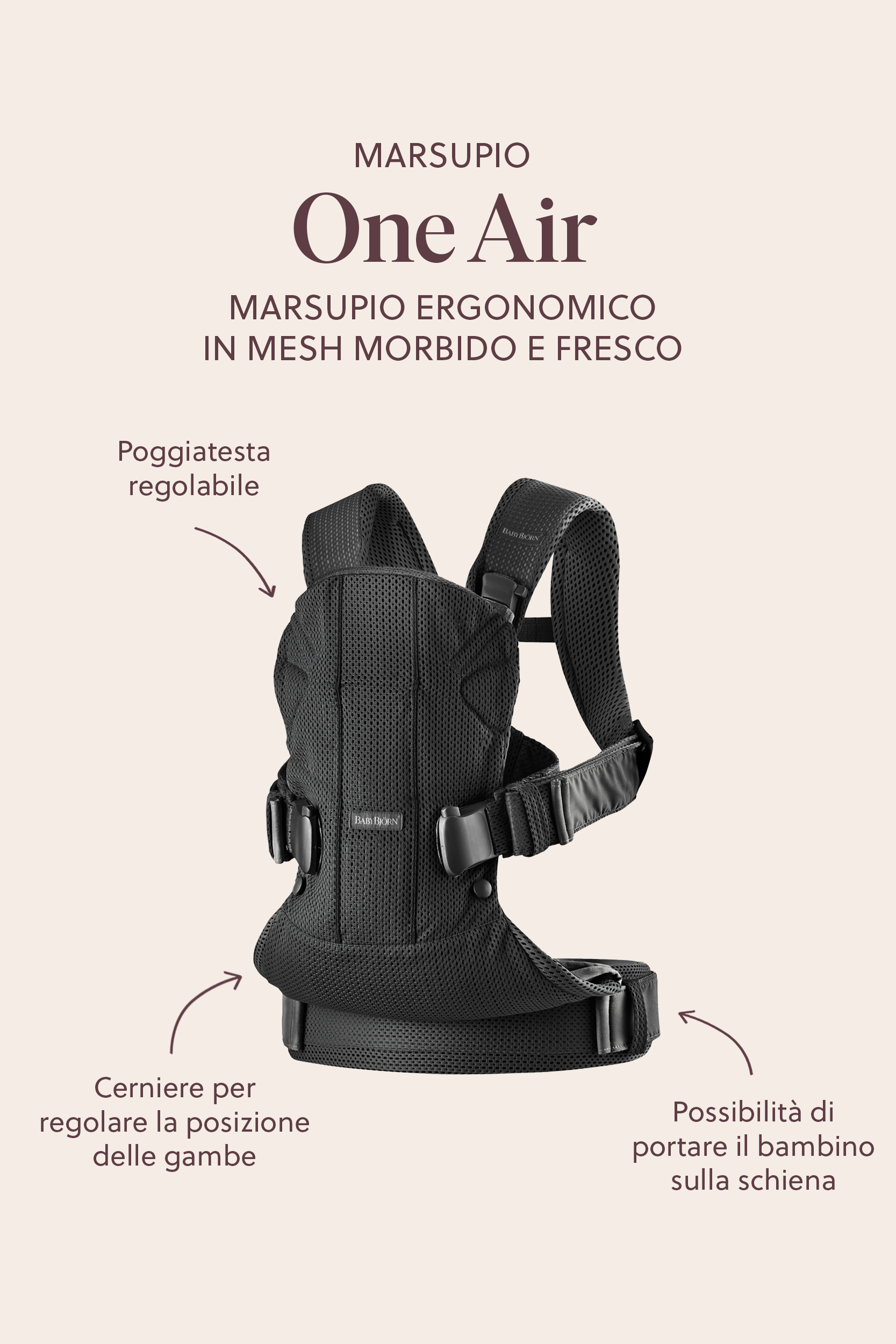 Marsupio One Air nero, Mesh 3D - BabyBjörn